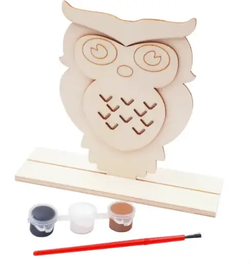 [PNT-052] Wooden Painting Set 1 Wooden Owl Shape w/Base 1 Paint Brush + 3 Colors of Tempera Paint Size: 4.3"x5.9"