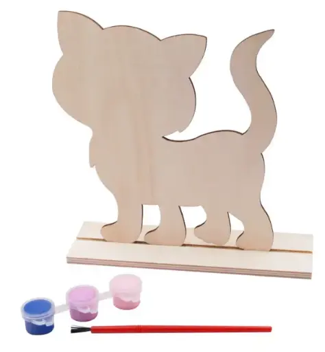 [PNT-045] Wooden Painting Set 1 Wooden Cat Shape w/Base 1 Paint Brush + 3 Colors of Tempera Paint Size: 5.9"x6.5"