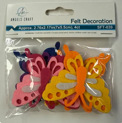 [SFT-039] 4 ct Felt Butterfly Stickers Assorted Colors Size: 2"