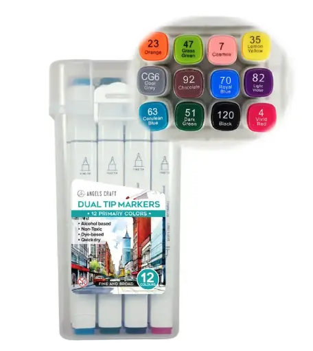[ART-020] 12-Piece Set of Alcohol Dual Tip Markers in Primary Colors
