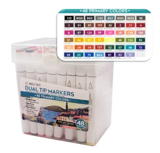 [ART-027] Angels Craft 48-Piece Dual-Tip Alcohol Marker Set, Primary Colors.